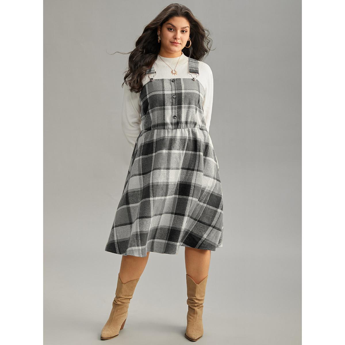 Plus Size Plaid Elastic Waist Button Detail Adjustable Straps Dress Black Women Casual Adjustable Straps Spaghetti Strap Sleeveless Curvy Midi Dress BloomChic 14-16/1X Product Image