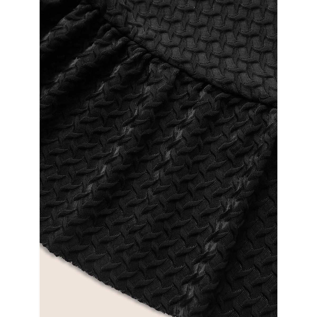 Plus Size V Neck Solid Textured Ruffle Trim Swim Dress Women's Swimwear Black Beach Bodycon V-neck High stretch Curve Swim Dresses BloomChic 14-16/1X Product Image