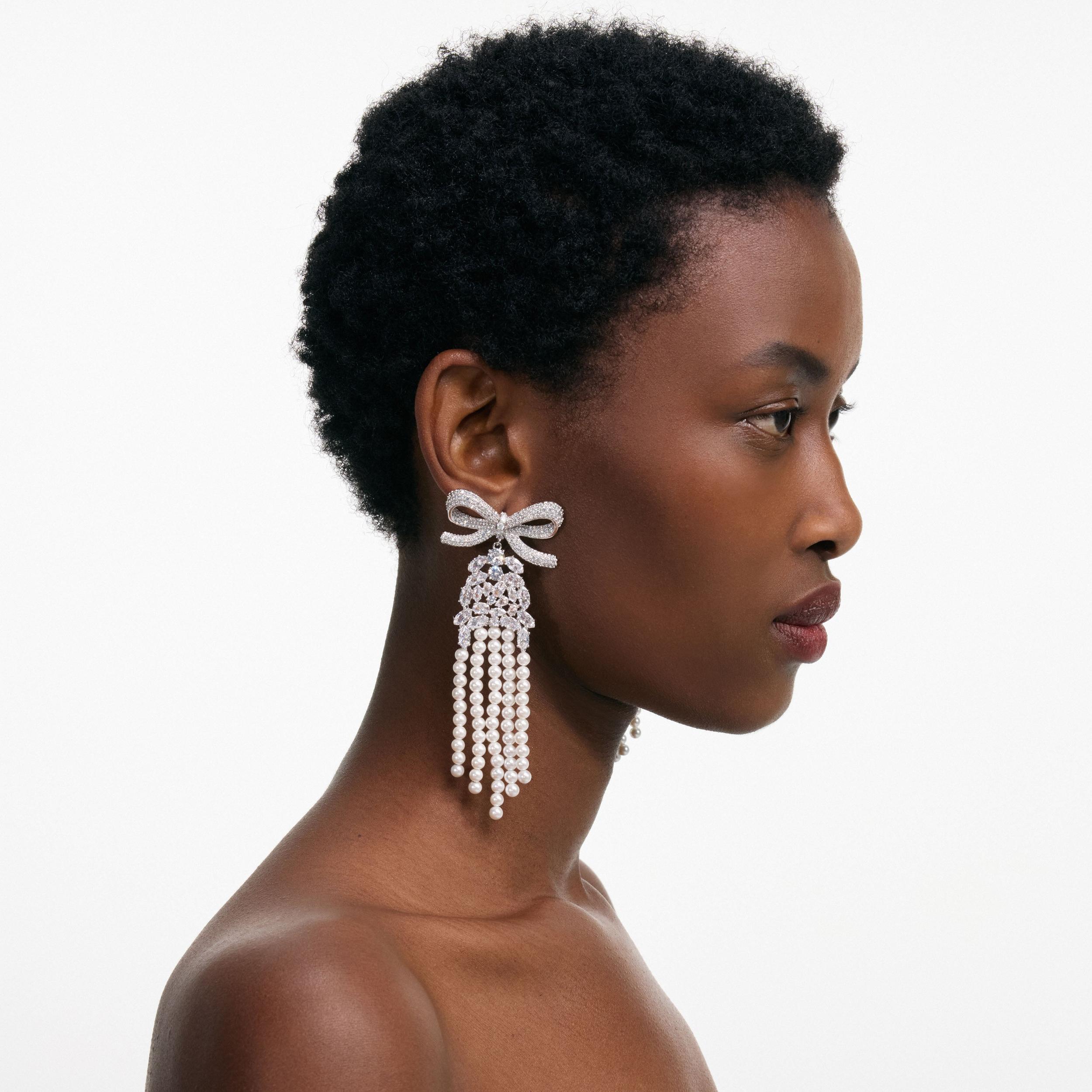 Crystal Bow Pearl Droplet Earrings Product Image