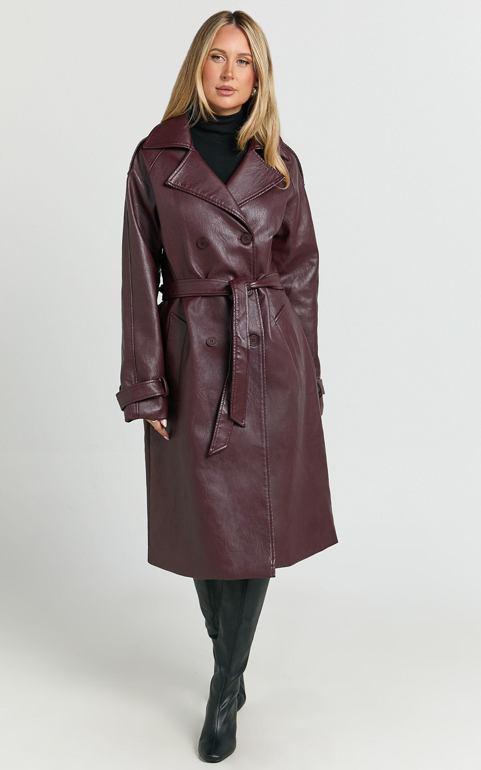 Vicki Trench Coat - Faux Leather Washed Trench Coat in Wine Product Image