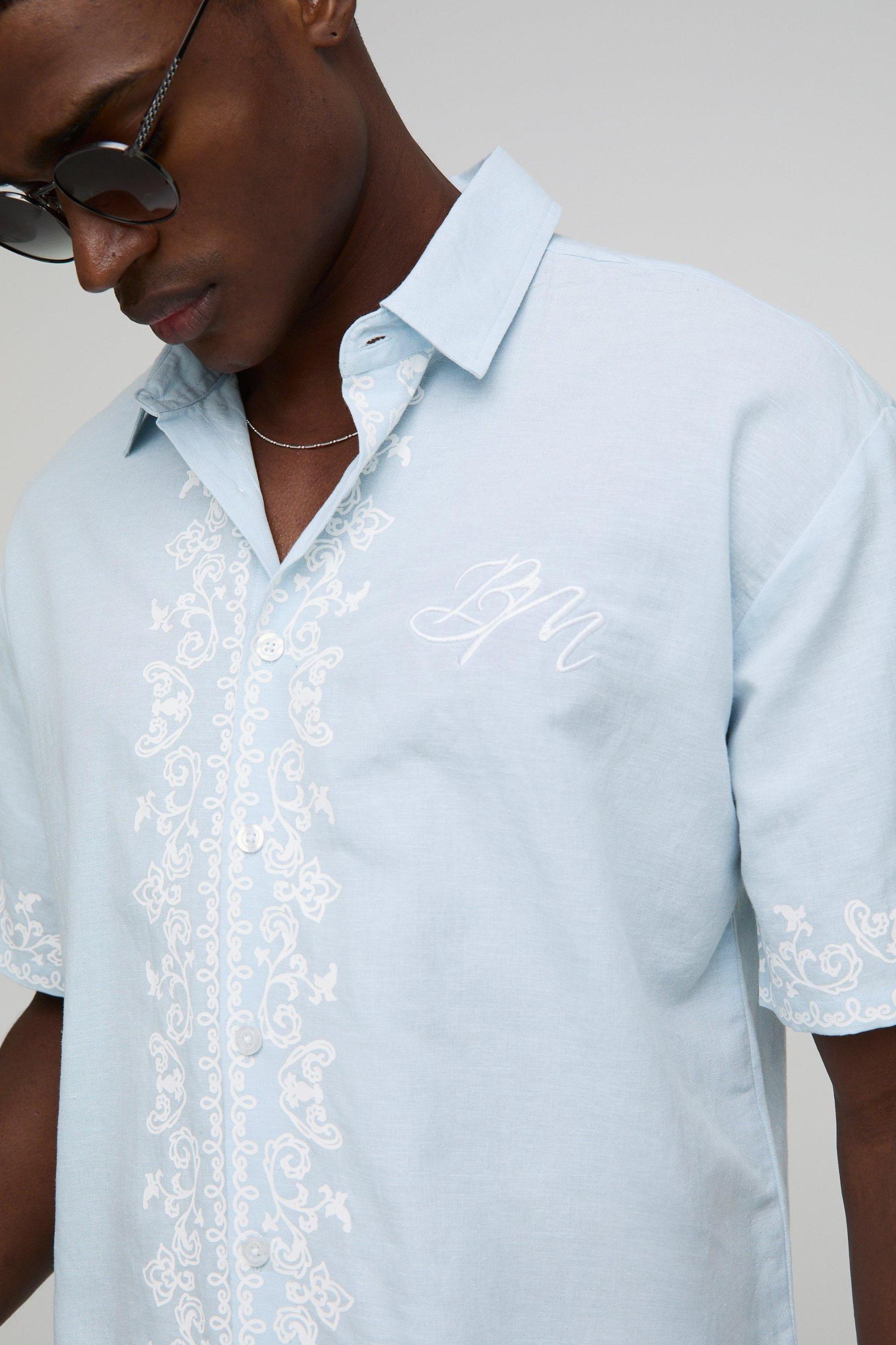 Oversized Border Print Linen Blend Shirt | boohooMAN USA Product Image