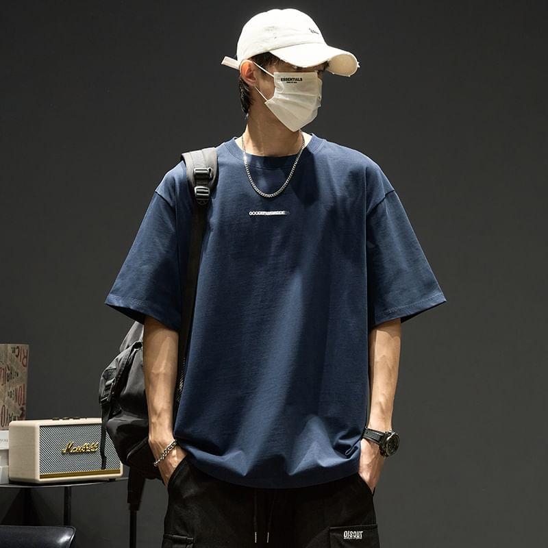 Short-Sleeve Round Neck Lettering Embroidered T-Shirt Product Image