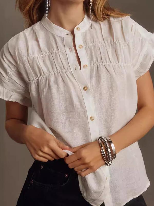 Loose Short Sleeves Pleated Ruffled See-Through Split-Joint Round-Neck Blouses&Shirts Tops Product Image