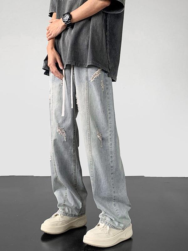 Men's Wash Ripped Drawstring Straight Leg Pants Product Image
