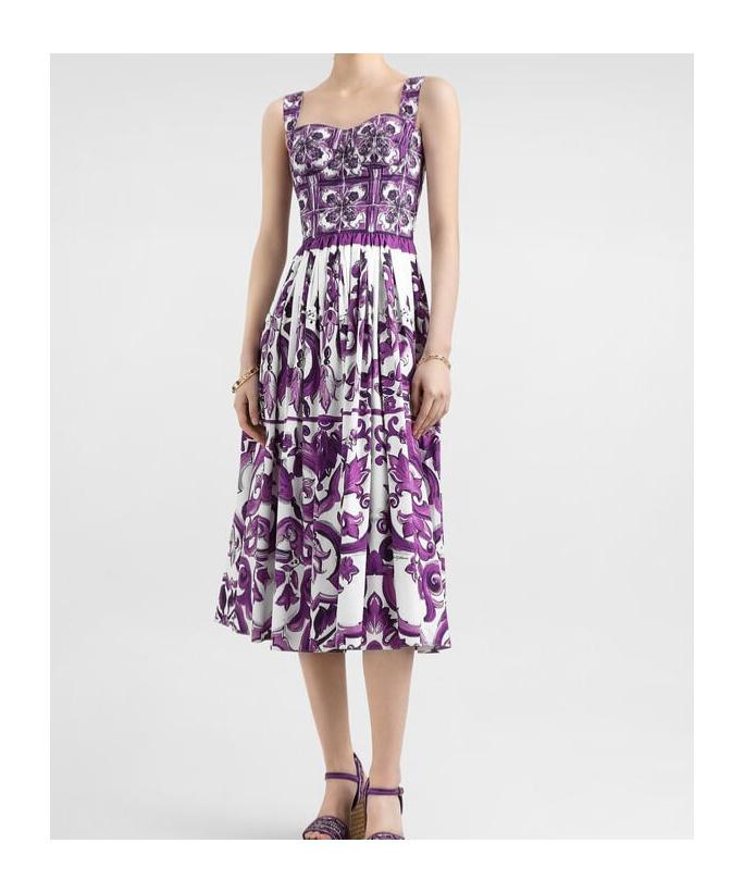 DOLCE & GABBANA Women Cotton Midi Dress With Maiolica Print In Purple Product Image