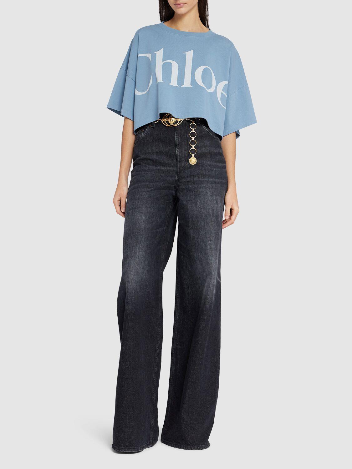 CHLOÉ Women Light Blue Jersey Cropped Logo T-shirt Product Image