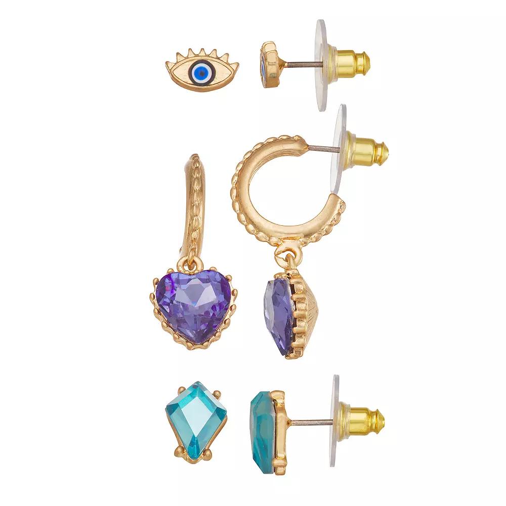 Simply Vera Vera Wang Gold Tone Heart Stud Earrings Trio Set, Women's, Blue Product Image