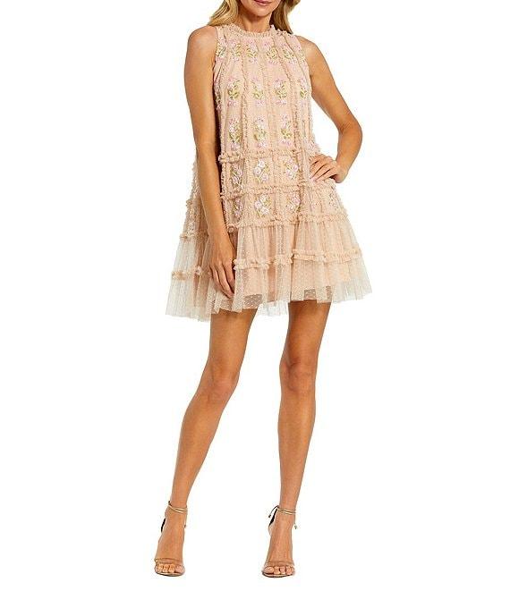 Mac Duggal Beaded Mesh High Neck Sleeveless Ruffle A-Line Dress Product Image