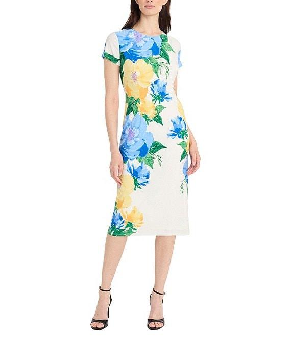 Maggy London Matte Jersey Floral Placement Print Crew Neck Short Sleeve Midi Dress Product Image