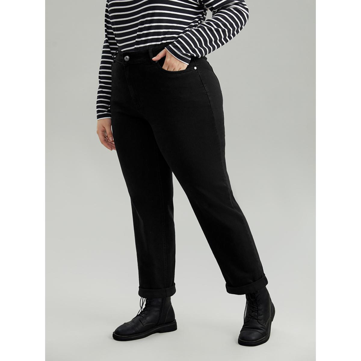 Plus Size Solid Roll Hem Black Wash Jeans Women DarkGray Casual Plain Plain High stretch Pocket Jeans BloomChic 18/2X Product Image