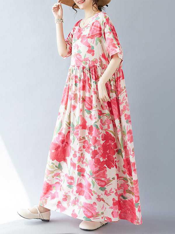 A-line Batwing Sleeves Flower Print Pleated Split-Joint Round-neck Midi Dresses Product Image