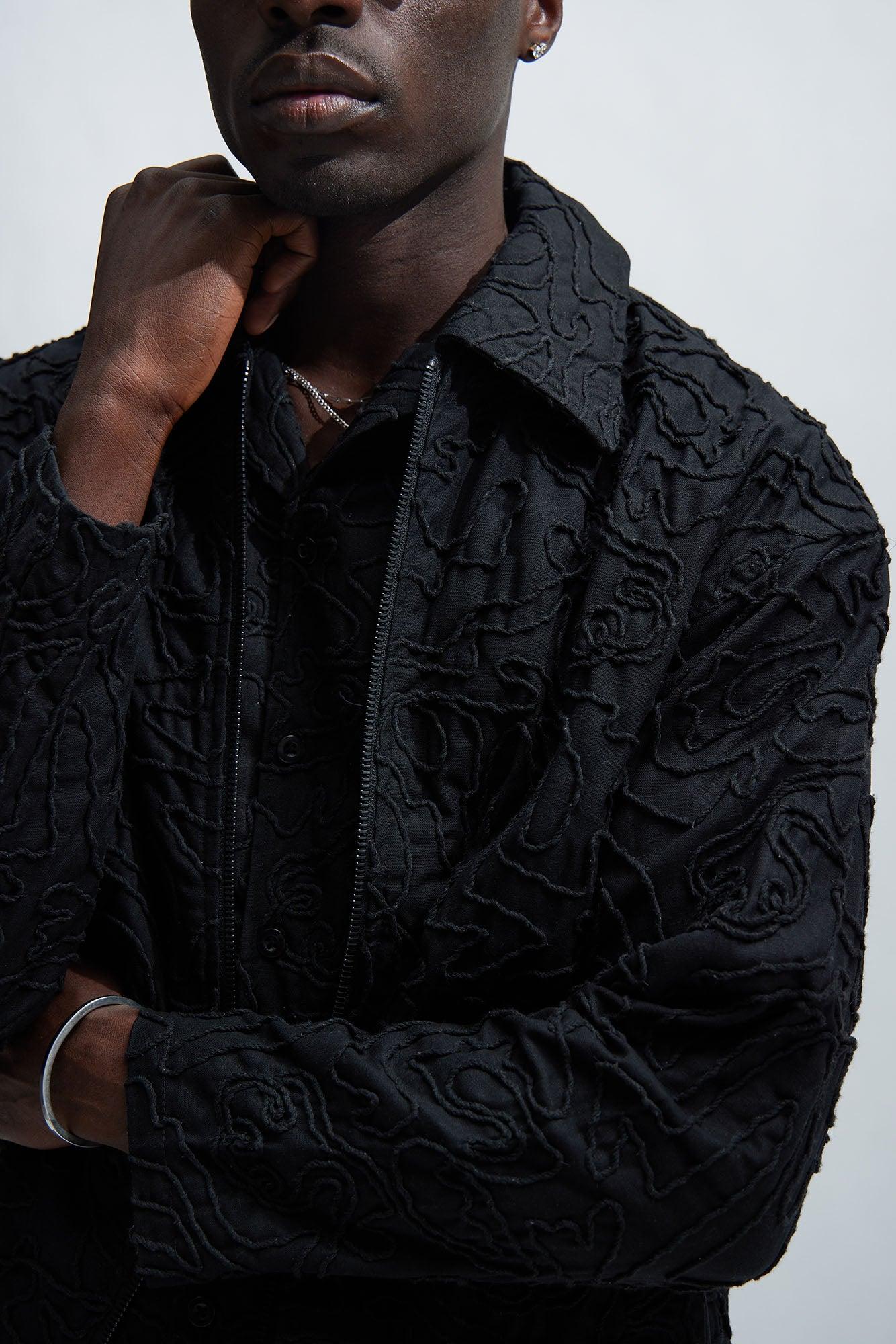 Swirl Jacquard Linen Boxy Jacket - Black Product Image