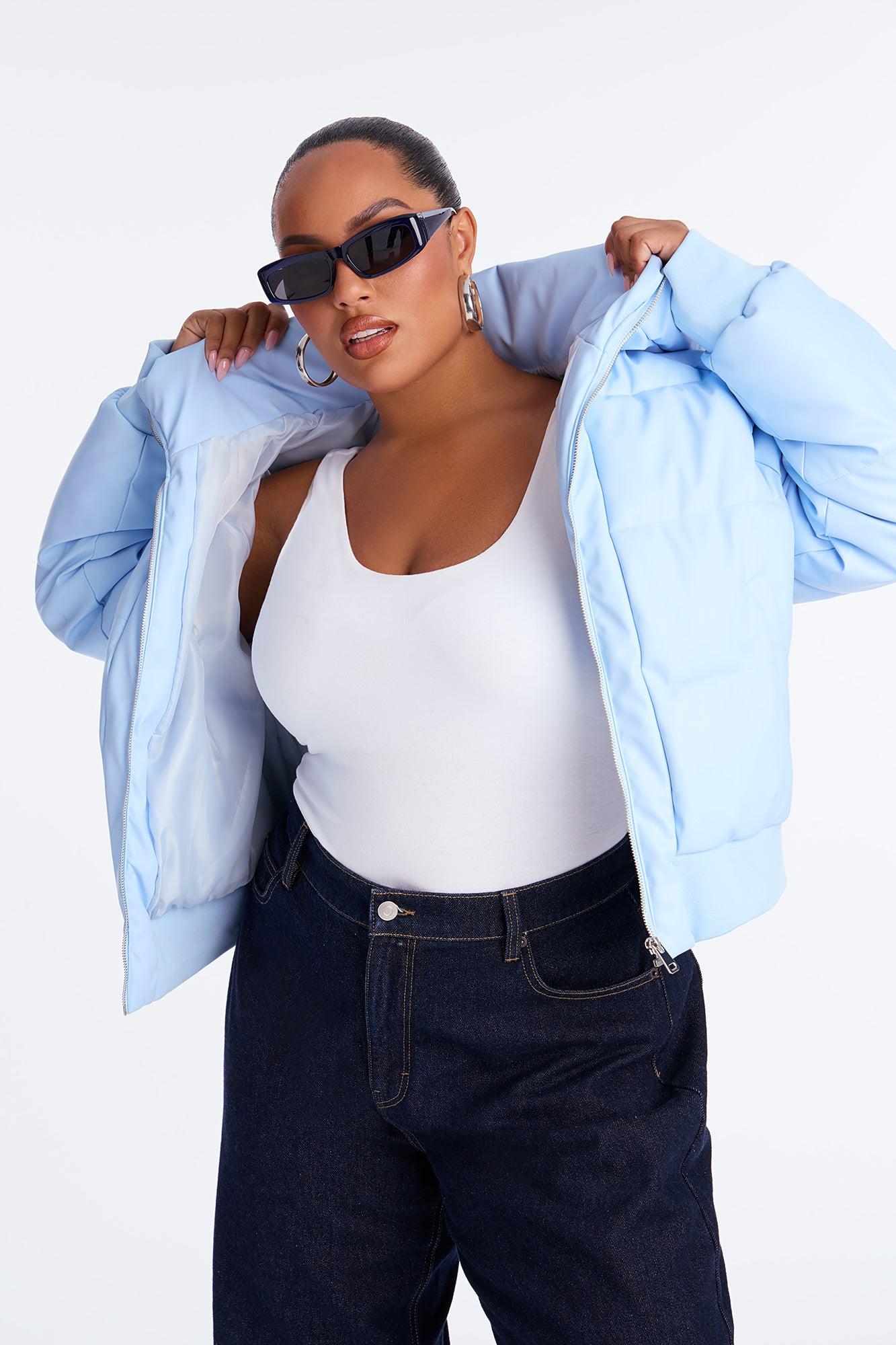 Angella Hooded Faux Leather Puffer - Light Blue Female Product Image