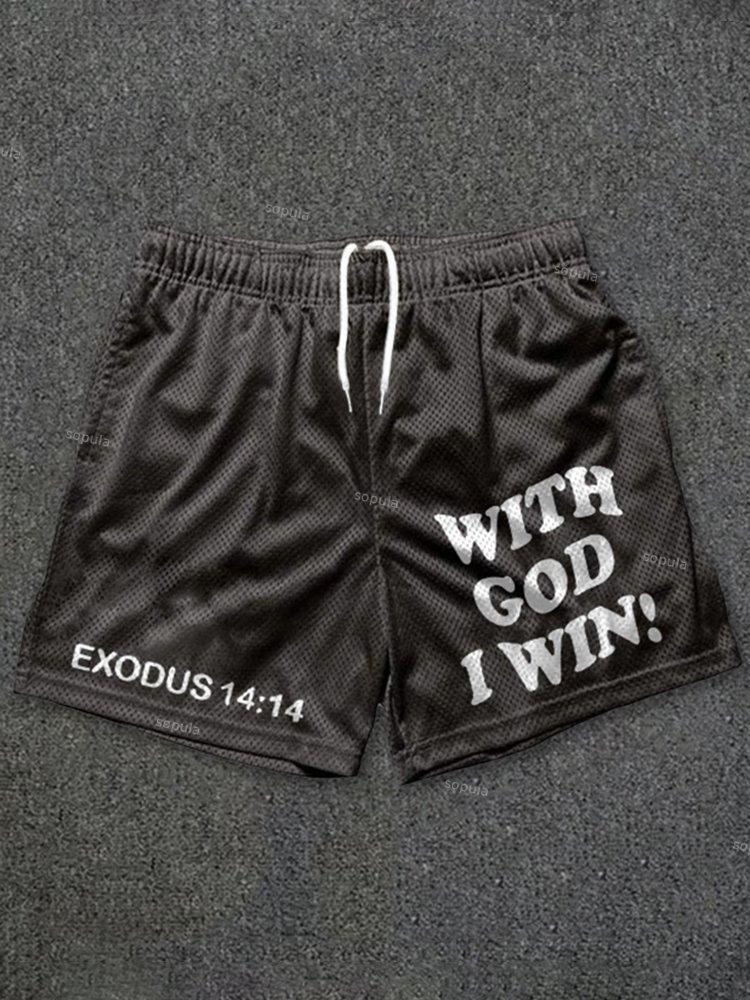 Sopula With God I Win Print Casual Street Mesh Shorts Product Image