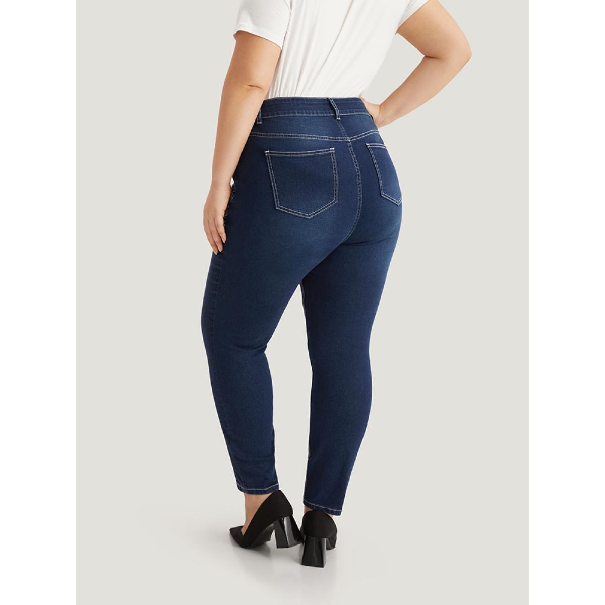 Plus Size Floral Embroidered High Rise Skinny Jeans Women DarkBlue Casual Natural Flowers Zipper High stretch Pocket Jeans BloomChic 18/2X Product Image