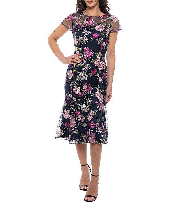 Marina Crew Neck Short Sleeve Floral Embroidered Sheath Midi Dress Product Image