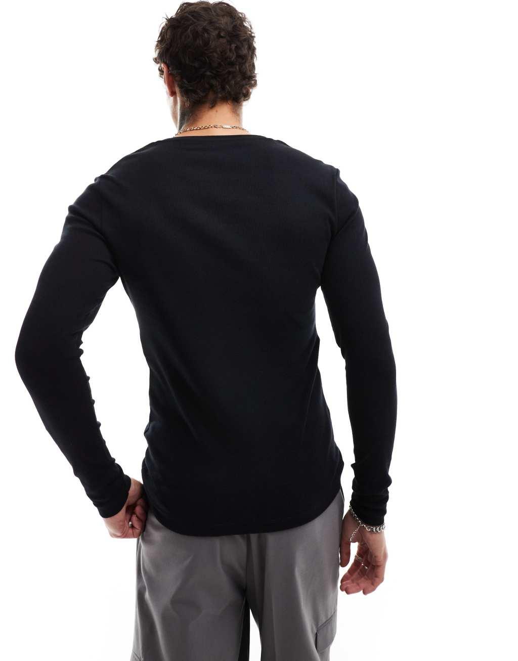 ASOS DESIGN essential muscle fit long sleeve ribbed T-shirt in black | ASOS Product Image