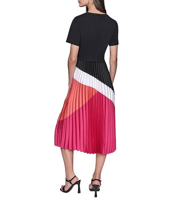 KARL LAGERFELD PARIS Jersey Satin Colorblock Print Crew Neck Short Sleeve Pleated Skirt Sheath Midi Dress Product Image