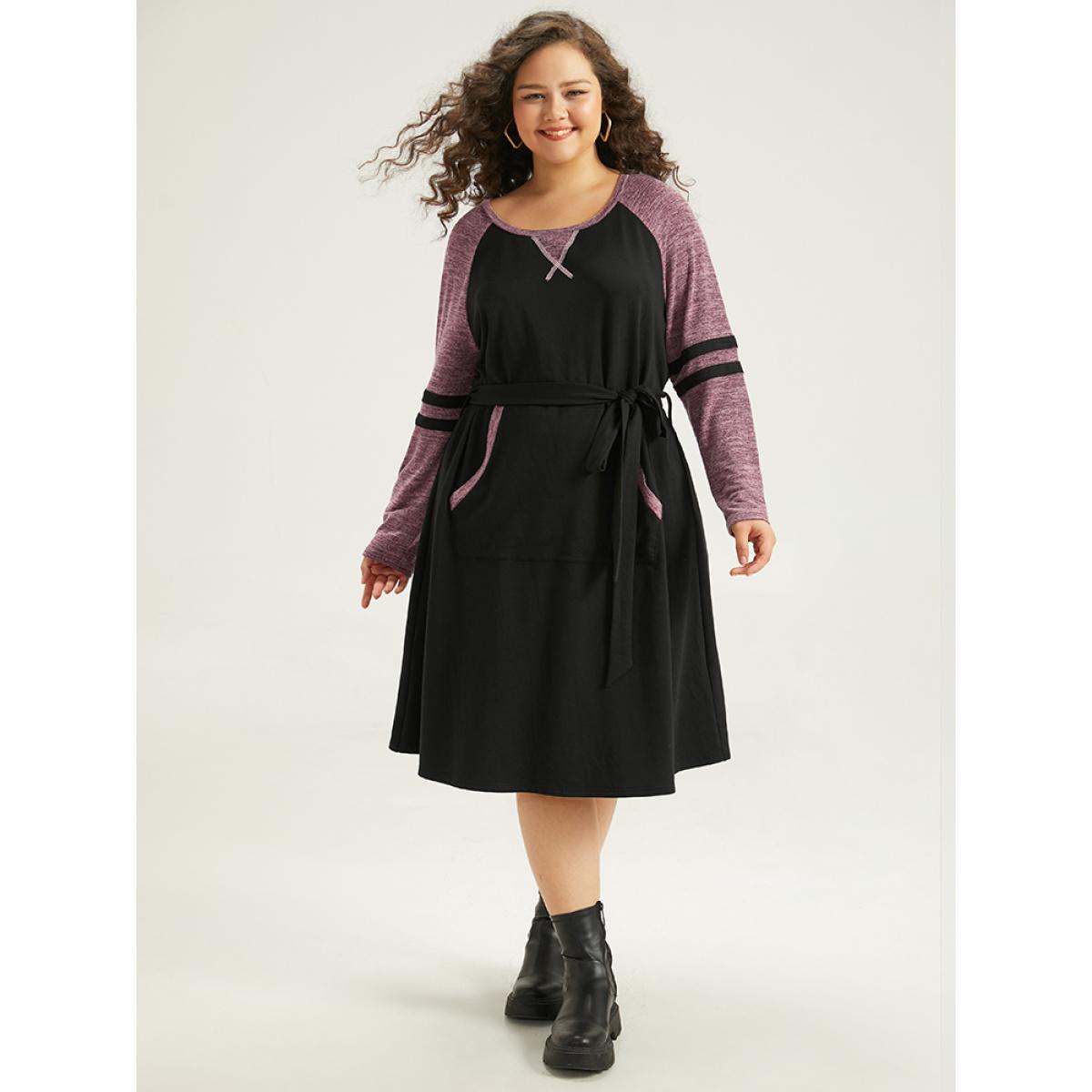 Plus Size Stitch Pocket Striped Patchwork Raglan Sleeve Belted Dress Black Women Casual Belted Round Neck Long Sleeve Curvy Midi Dress BloomChic 14-16/1X Product Image