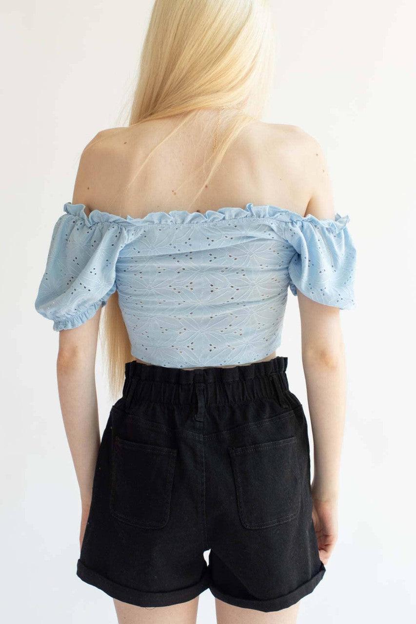 Black Cuffed Paper Bag Waist Denim Shorts Product Image