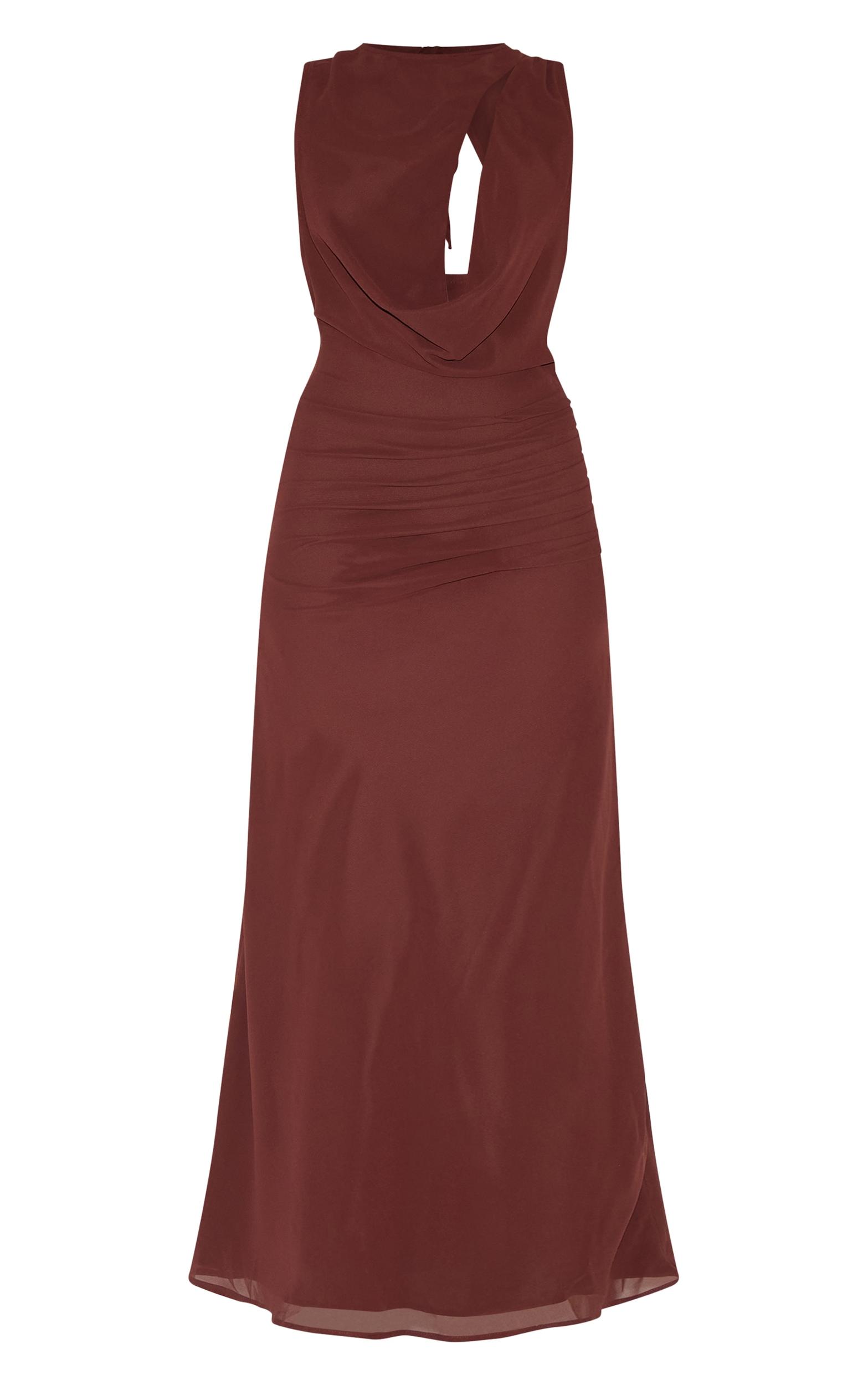 Chocolate Chiffon Keyhole Ruched Detail Maxi Dress Product Image