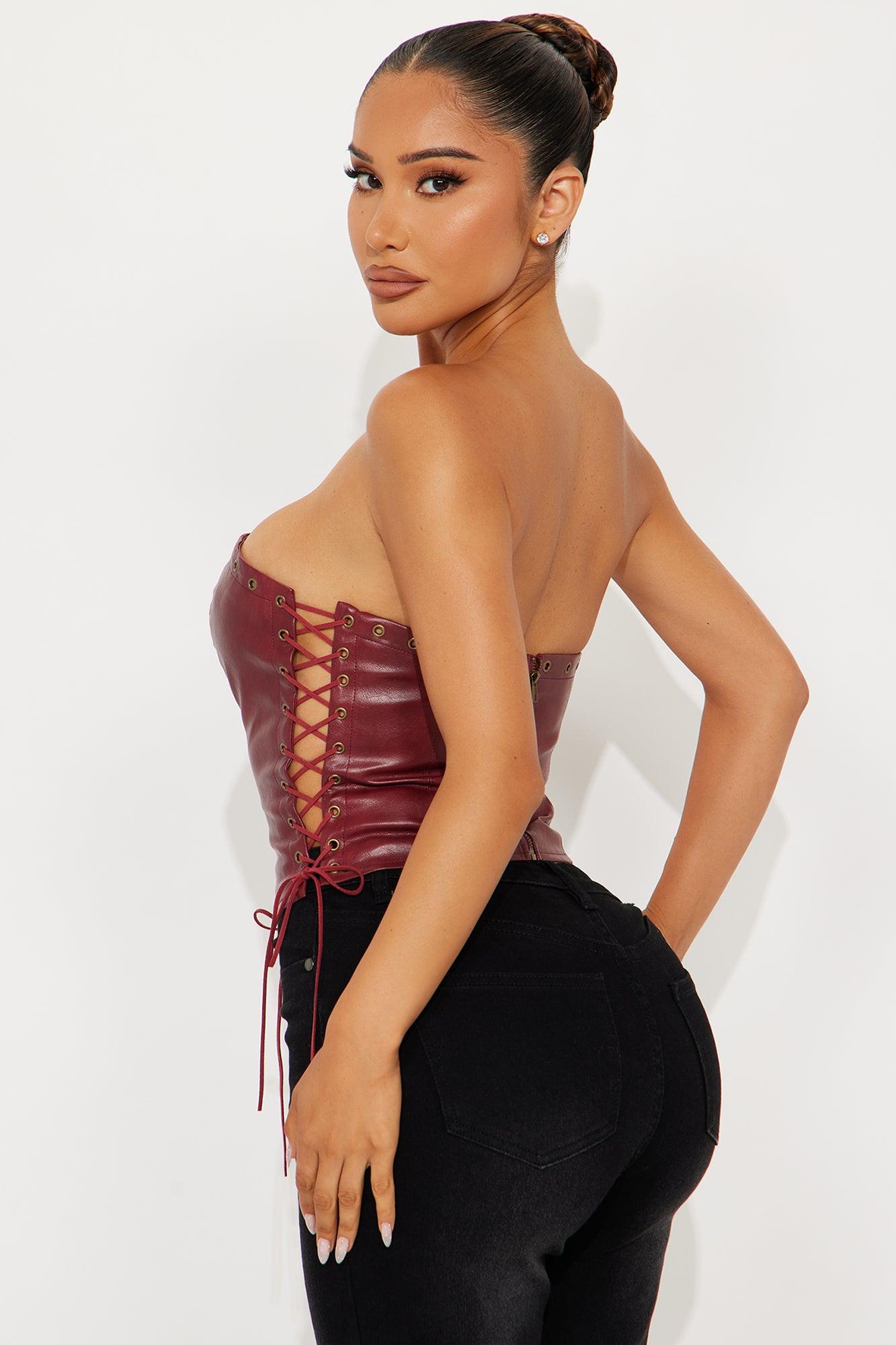 A Piece Of Work Faux Leather Lace Up Top - Burgundy Female Product Image