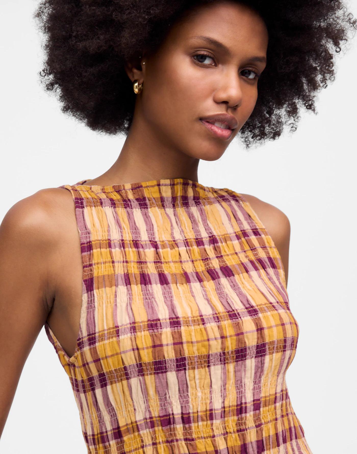 Smocked Boatneck Maxi Dress in Plaid Seersucker Product Image