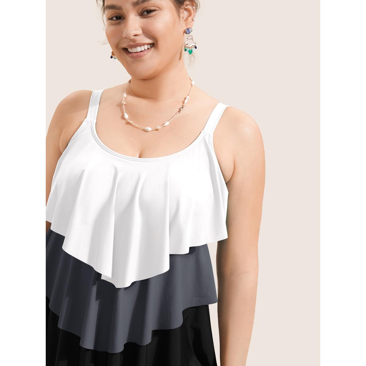 Plus Size Colorblock Contrast Ruffle Layered Hem Tankini Top Women's Swimwear DimGray Beach Non High stretch Bodycon U-neck Curve Swim Tops BloomChic 28/5X Product Image