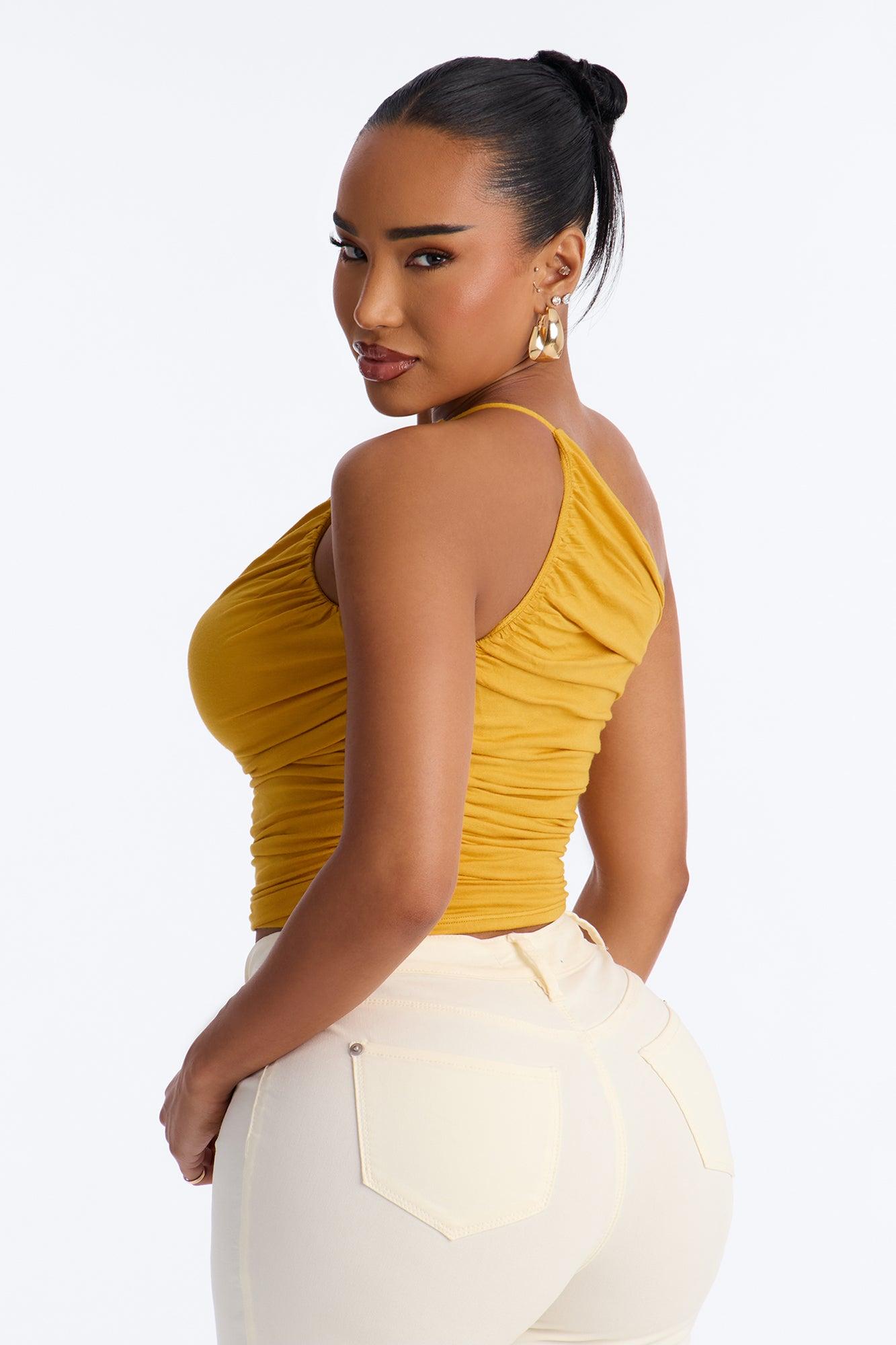 Kehlani One Shoulder Ruched Sleeveless Top - Mustard Female Product Image