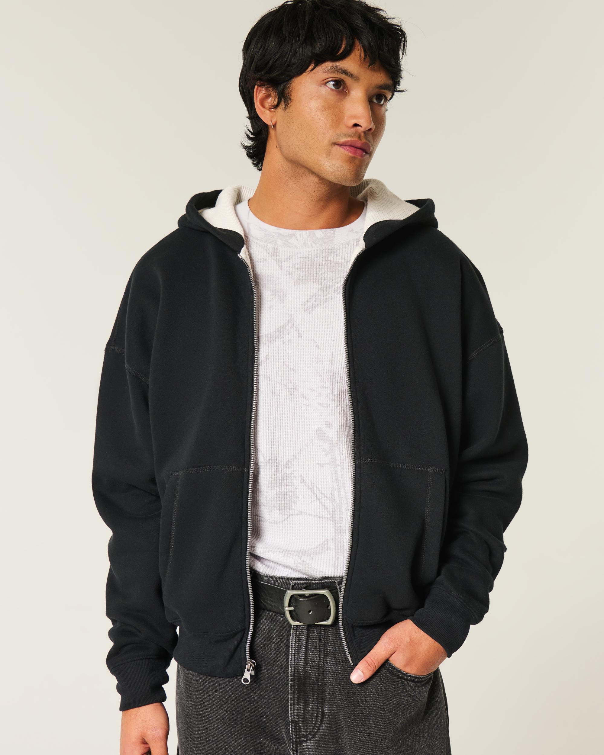 Boxy Waffle-Lined Zip-Up Hoodie Product Image