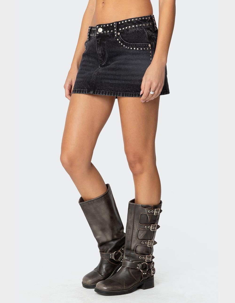 EDIKTED Mia Studded Denim Mini Skirt - BLACK Product Image
