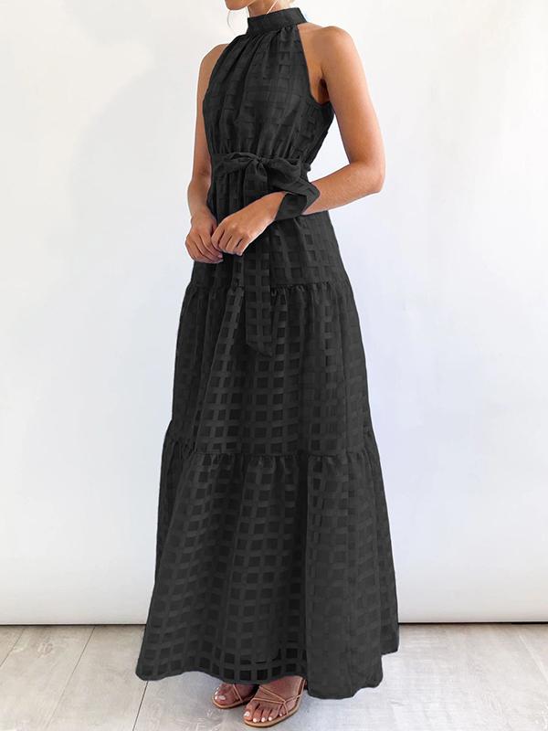 Loose Sleeveless Plaid Ribbed Stand Collar Maxi Dresses Product Image