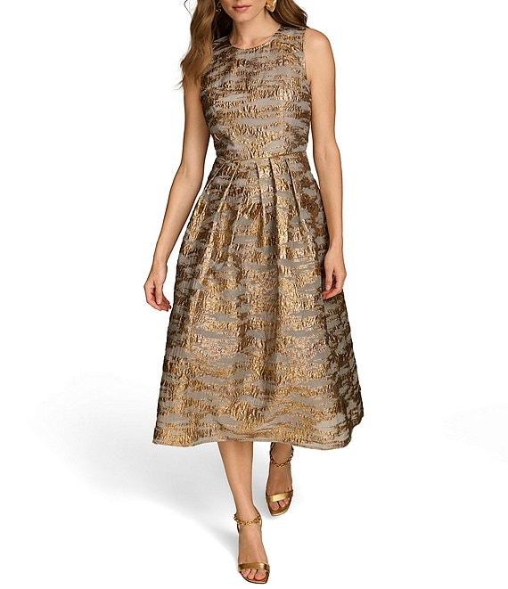 Donna Karan Brocade Crew Neck Sleeveless Metallic A-Line Midi Dress Product Image