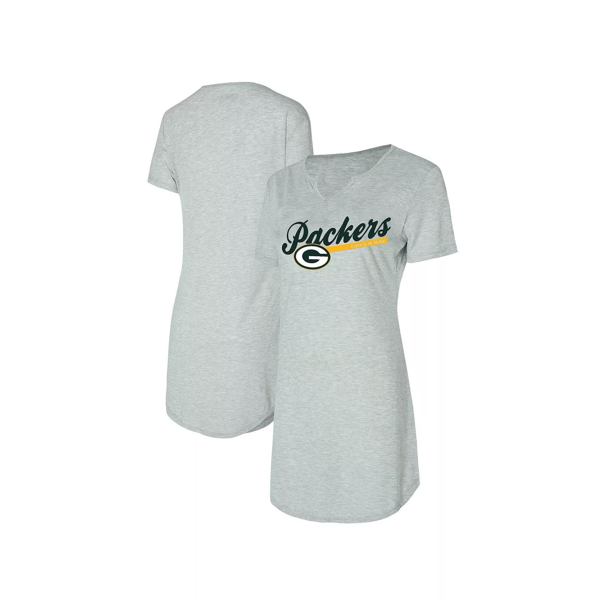 Women's Concepts Sport Gray Green Bay Packers Petition Knit Notch Neck Nightshirt, Size: Medium, Grey Product Image