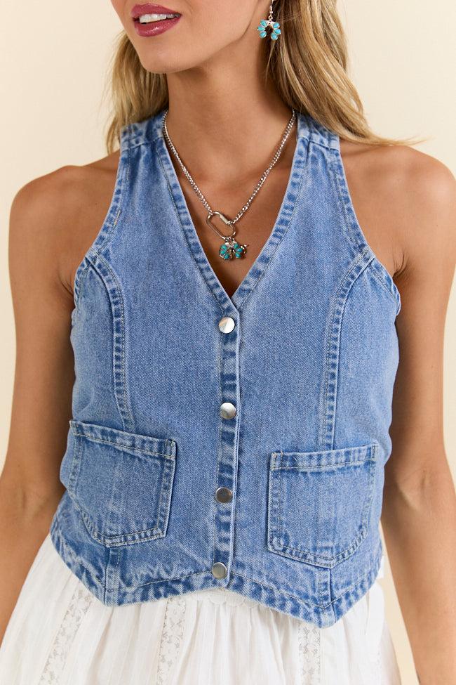 Beneath The Moon Medium Wash Denim Vest Product Image