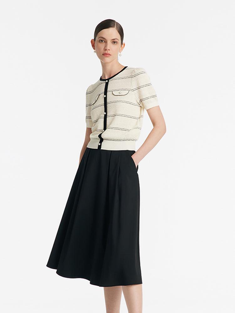 Contrast Trim Striped Knit Top And Half Skirt Two-Piece Set Product Image