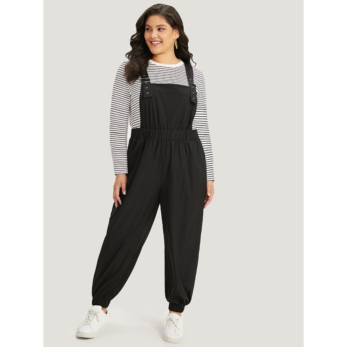 Plus Size Black Solid Pocket Back Crisscross Elastic Waist Jumpsuit Women Casual Sleeveless Spaghetti Strap Dailywear Loose Jumpsuits BloomChic 26/4X Product Image