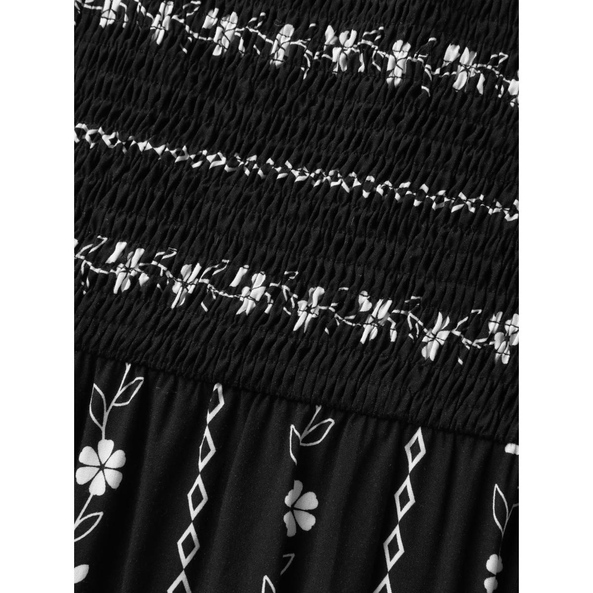 Plus Size Floral Stripes Layered Ruffle Sleeve Midi Dress Black Women Timeless Shirred Square Neck Short sleeve Curvy BloomChic 28/5X Product Image