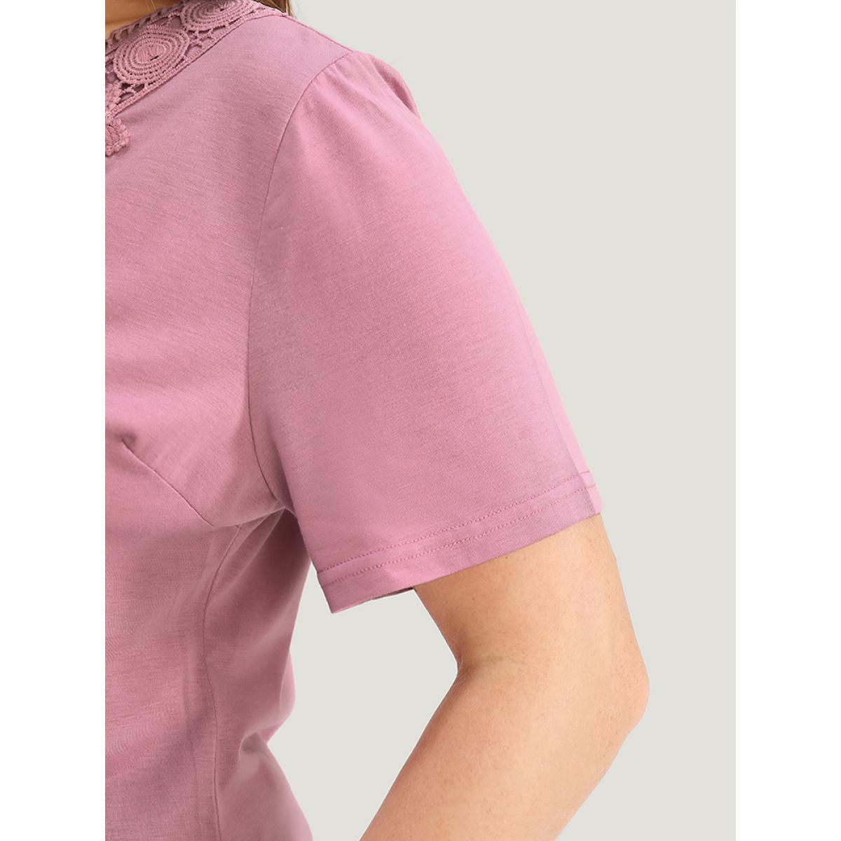 Plus Size Solid Floral Patchwork Pleated Front T-shirt Lilac Women Elegant Plain Round Neck Dailywear T-shirts BloomChic 26/4X Product Image