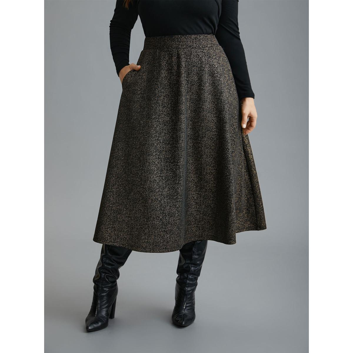 Plus Size Glitter Elastic Waist Pocket Midi Skirt Women Champagne Elegant Low stretch Slanted pocket Everyday Skirts BloomChic 14-16/1X Product Image