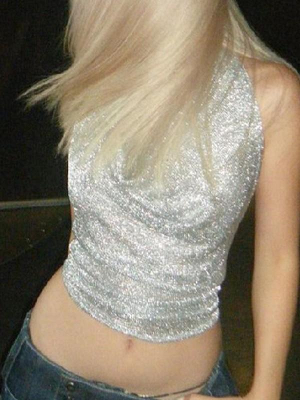 Metallic Silver Halter Cropped Tank Top Product Image