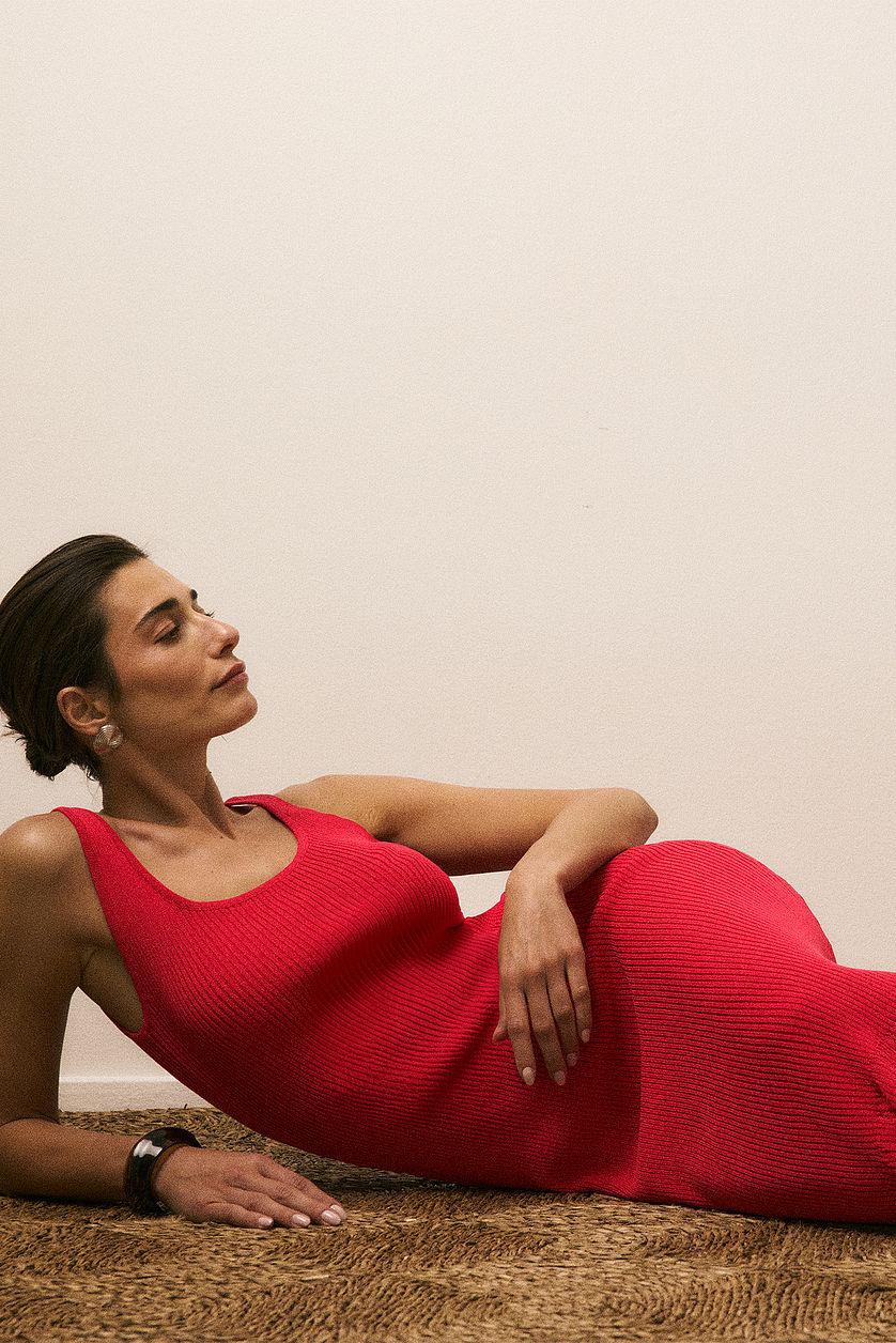 Knitted Scoop Neck Crochet Midi Dress Product Image