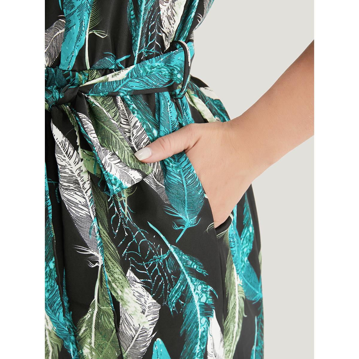 Plus Size Black Tropical Cold Shoulder Pocket Belted Ruffle Trim Jumpsuit Women Vacation Short sleeve Cold Shoulder Dailywear Loose Jumpsuits BloomChic 28/5X Product Image