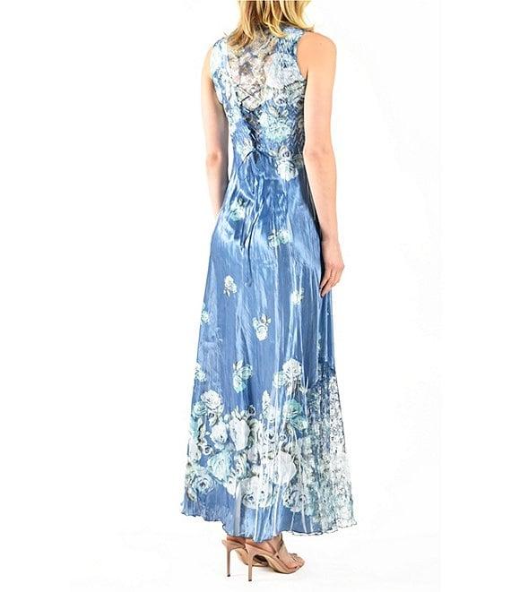 Komarov Charmeuse Lace Floral Scoop Neck Sleeveless Accordion Pleated A-Line Maxi Dress Product Image