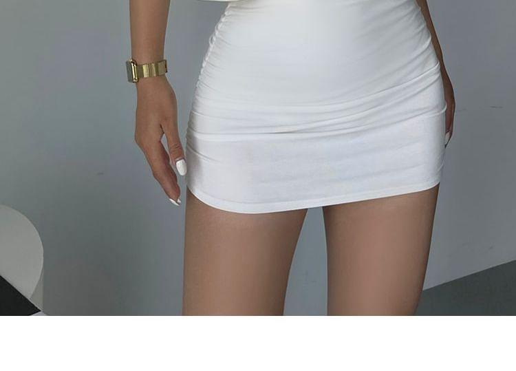 Short-Sleeve High Neck Mesh Panel Shirred Mini Bodycon Dress Product Image
