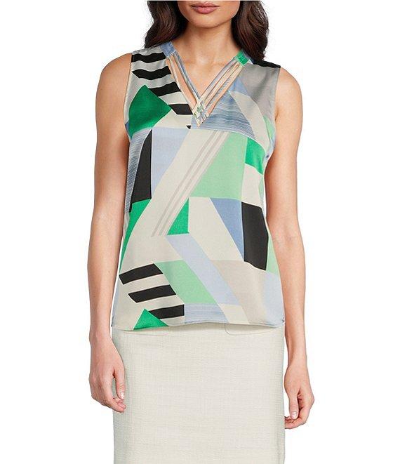KARL LAGERFELD PARIS Woven Printed V-Neck Crisscross Sleeveless Top Product Image