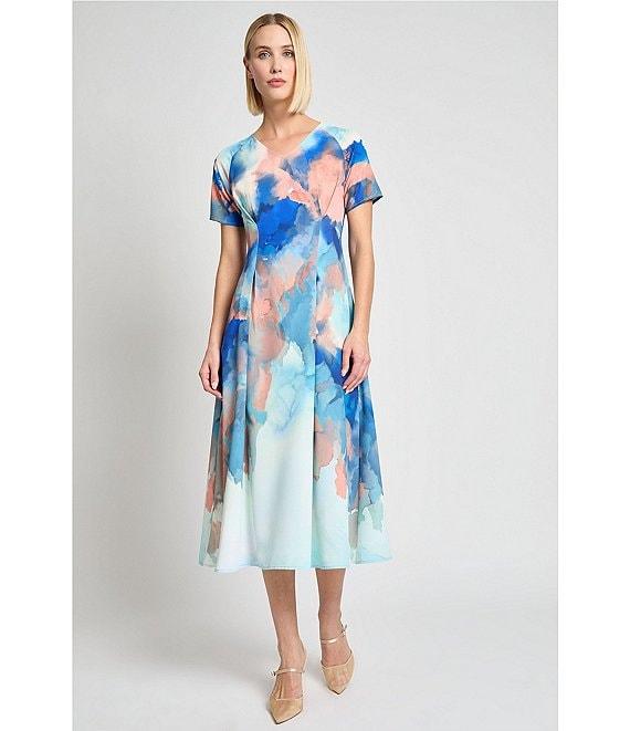 MISOOK Watercolor Crepe V-Neck Short Sleeve Midi Dress Product Image