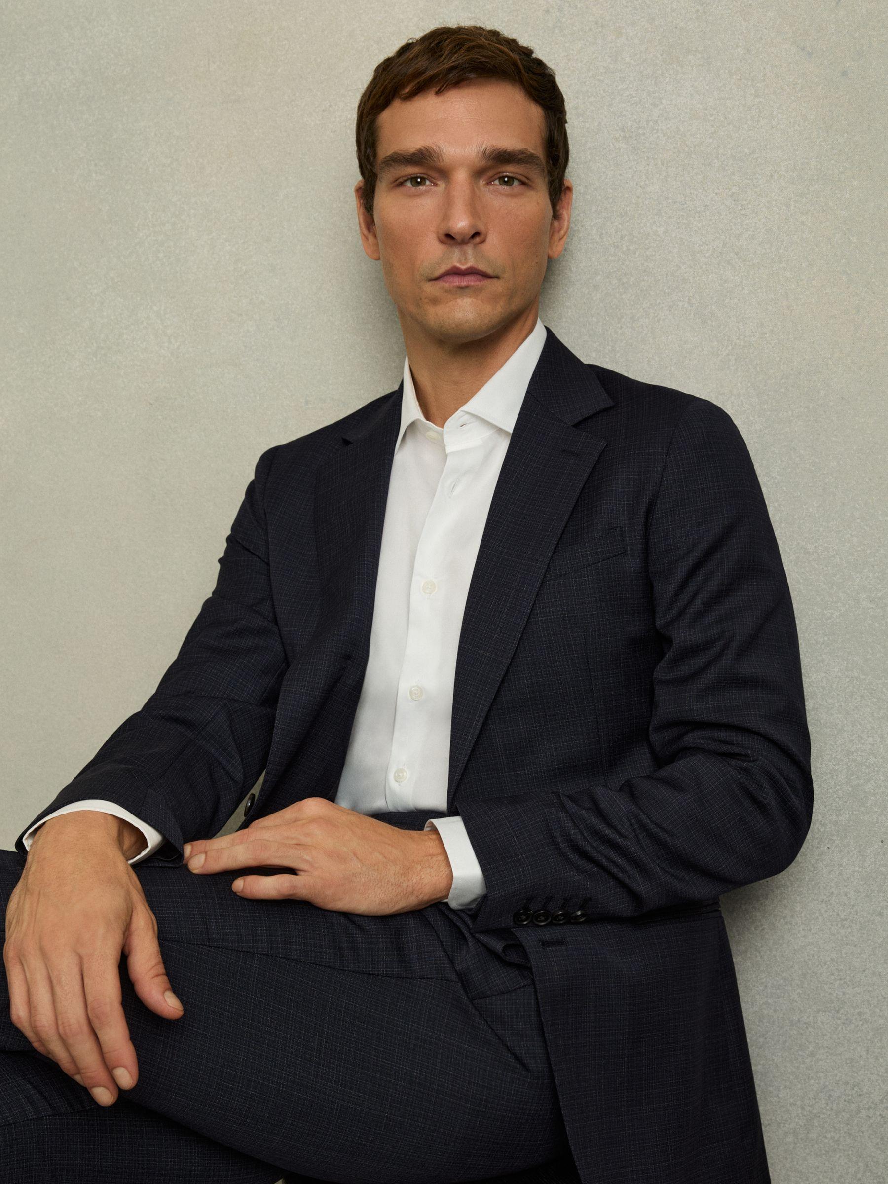 Slim-Fit Single-Breasted Textured Wool-Blend Suit Blazer in Navy Product Image