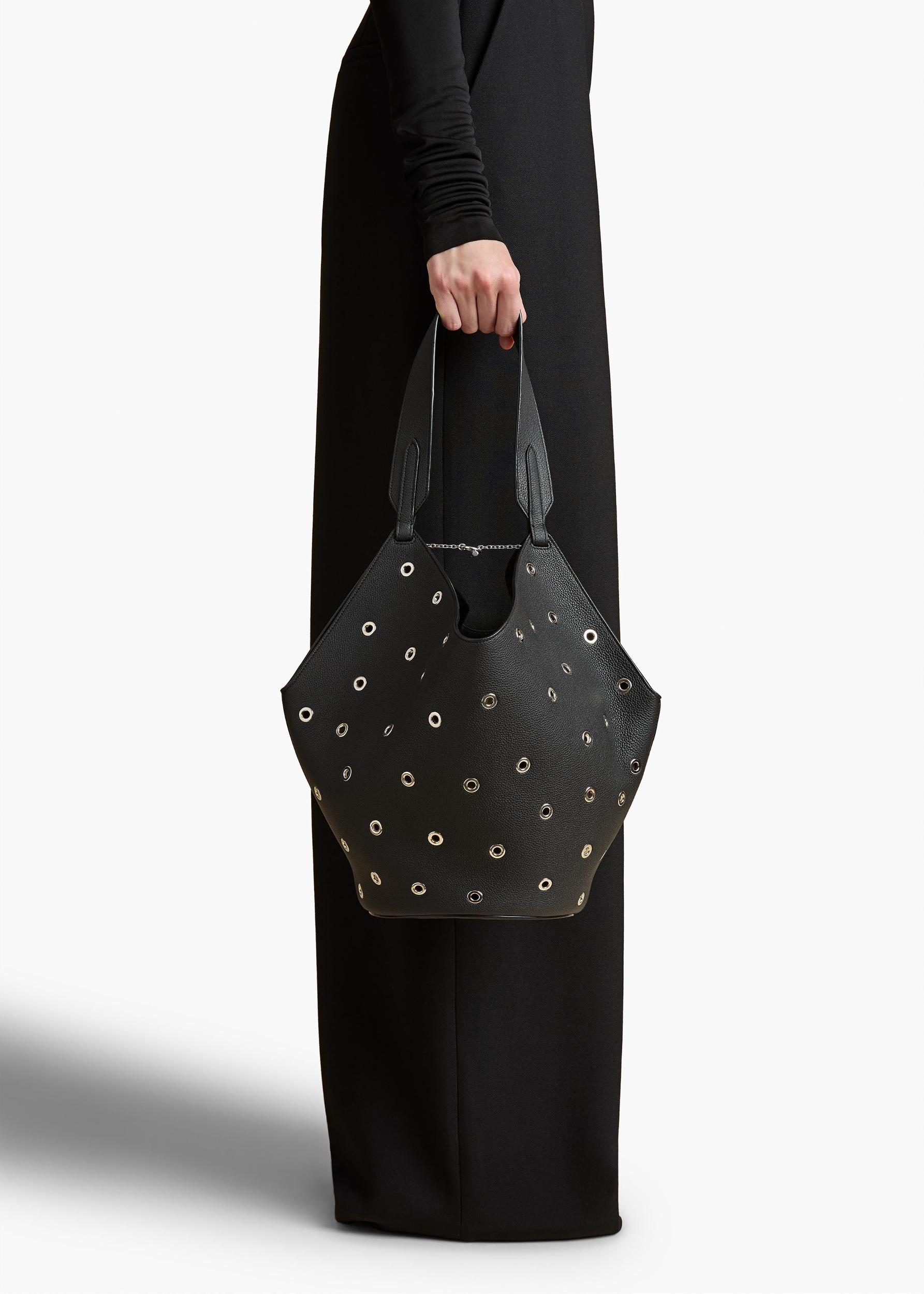 Small Lotus Tote in Black Pebbled Leather with Grommets Product Image
