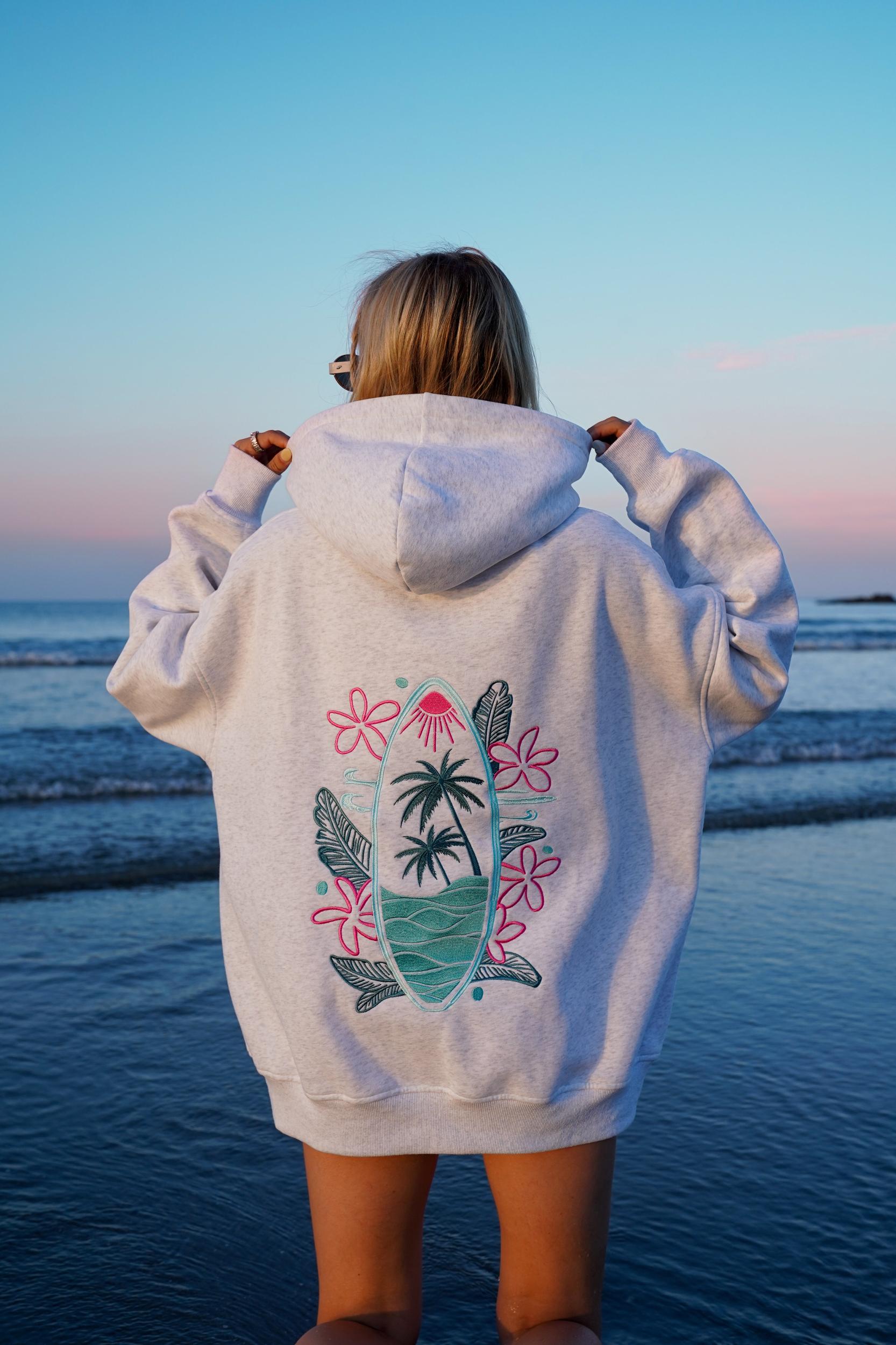 Pearl Grey Surfing The Waves Embroider Hoodie Product Image